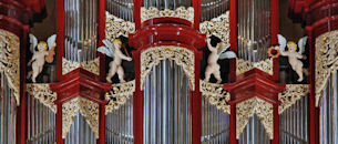 Woodcarved angels in pipe shade carvings for organ for St Joseph's Cathedral, Columbus, Ohio, cherubs